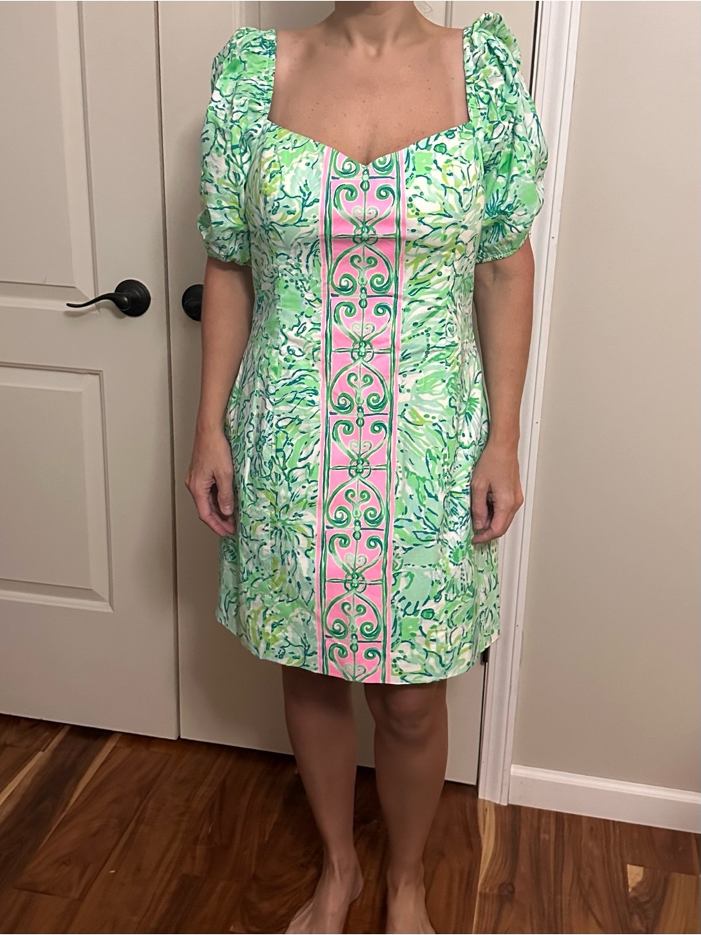 Lilly Pulitzer Green & Pink Puff-Sleeve Mini Dress